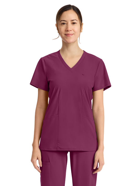 Women's 2-Pocket V-Neck Top - IN647A - Wine