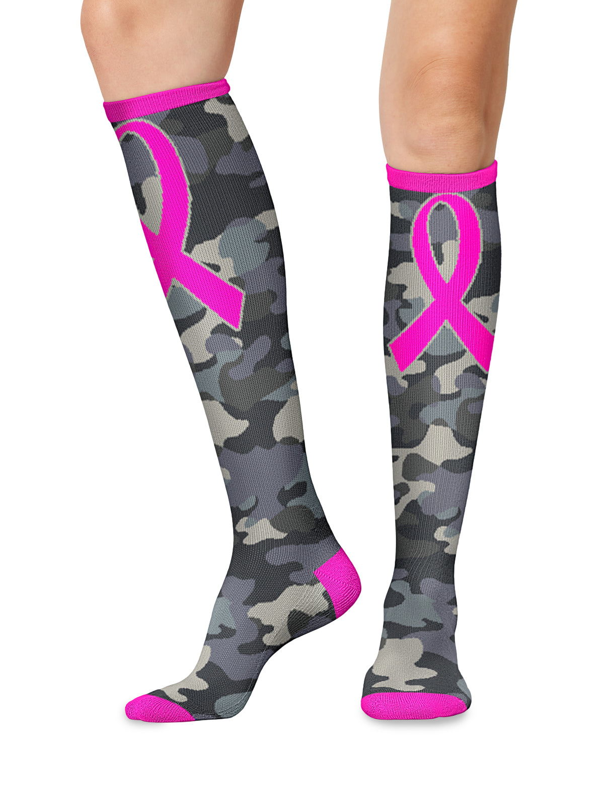 Women's 8-12 mmHg Support Socks - PRINTSUPPORT - Camo Pink Ribbon