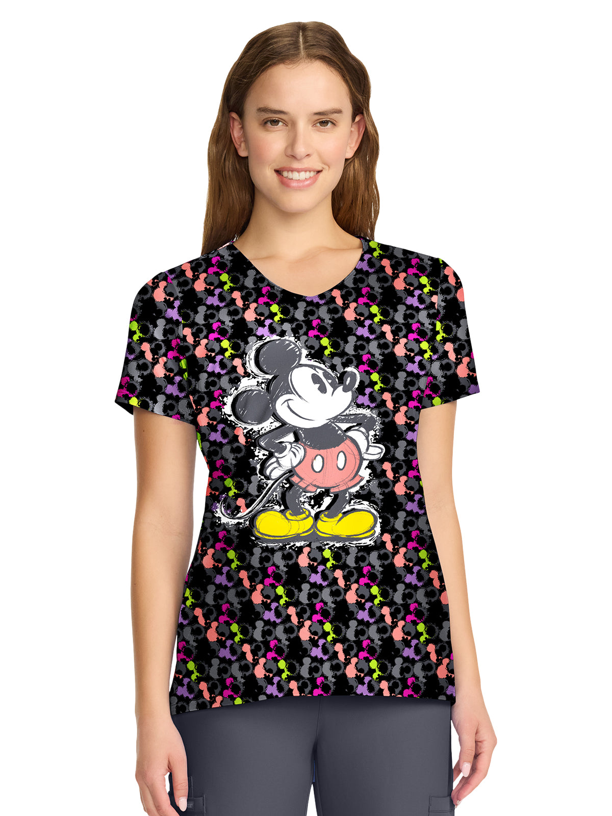 Women's 2-Pocket V-Neck Print Top - TF626 - Iconic Mickey