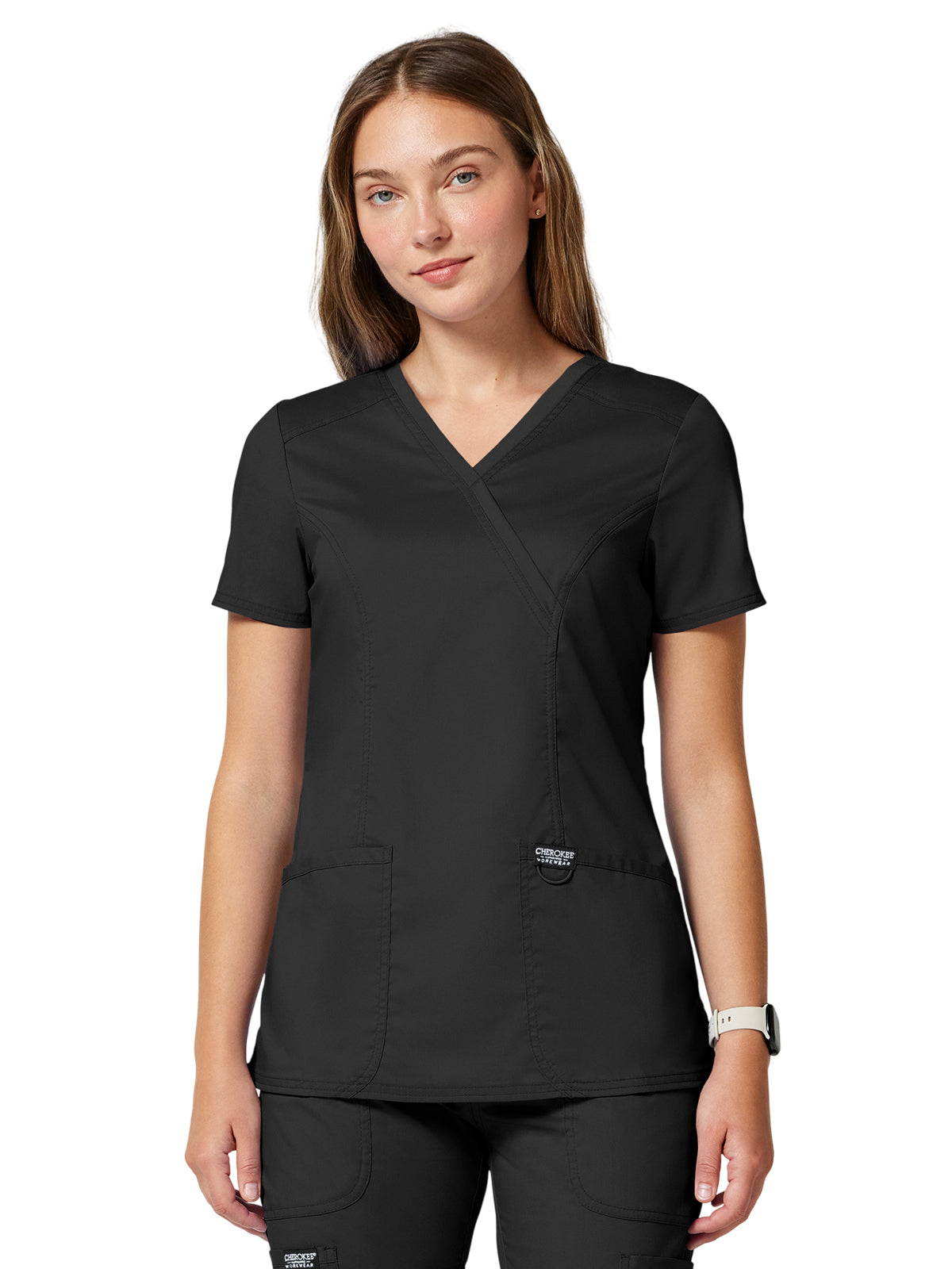 Women's 2-Pocket Mock Wrap Top - WW610 - Black