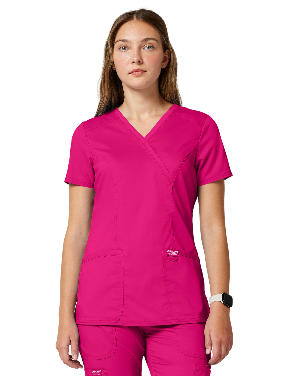 Women's 2-Pocket Mock Wrap Top - WW610 - Electric Pink