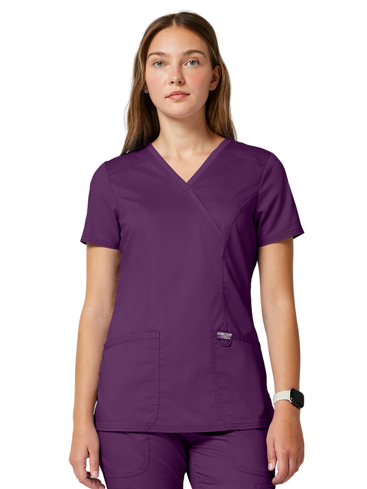Women's 2-Pocket Mock Wrap Top - WW610 - Eggplant