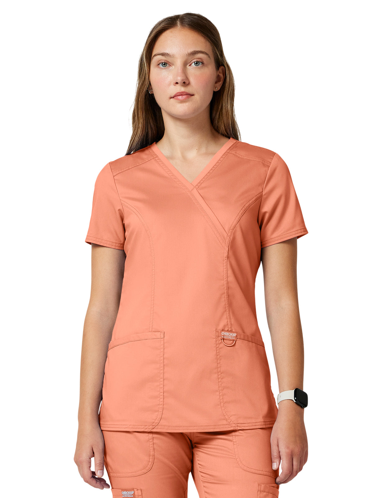 Women's 2-Pocket Mock Wrap Top - WW610 - Papaya Juice