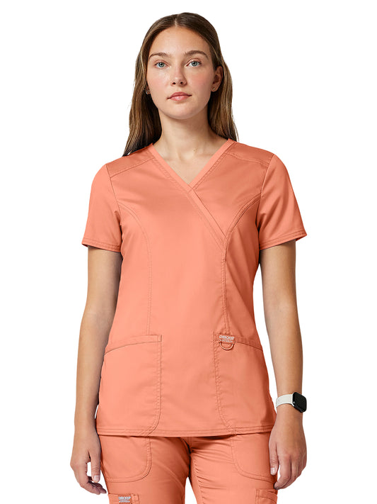 Women's 2-Pocket Mock Wrap Top - WW610 - Papaya Juice