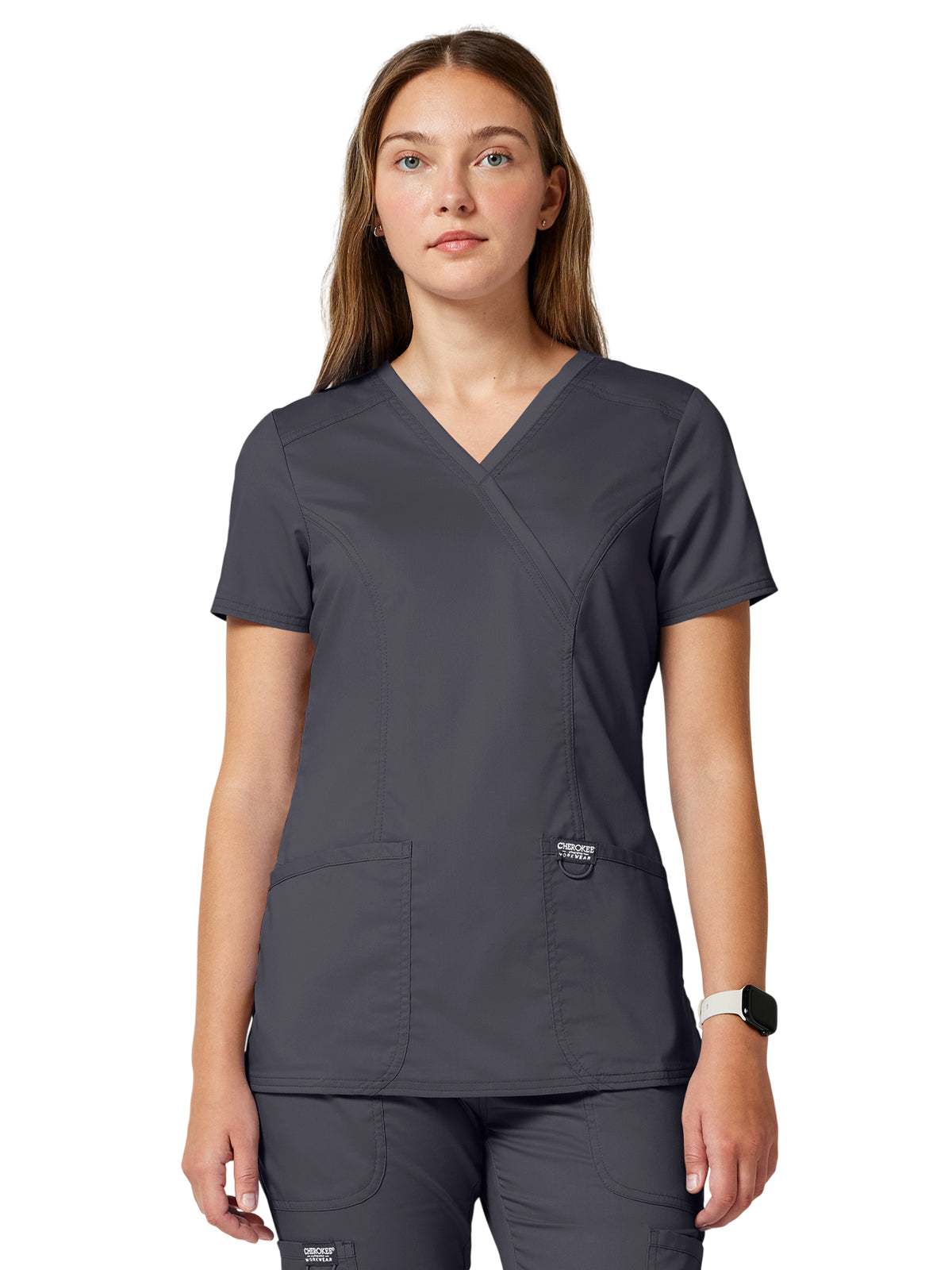 Women's 2-Pocket Mock Wrap Top - WW610 - Pewter