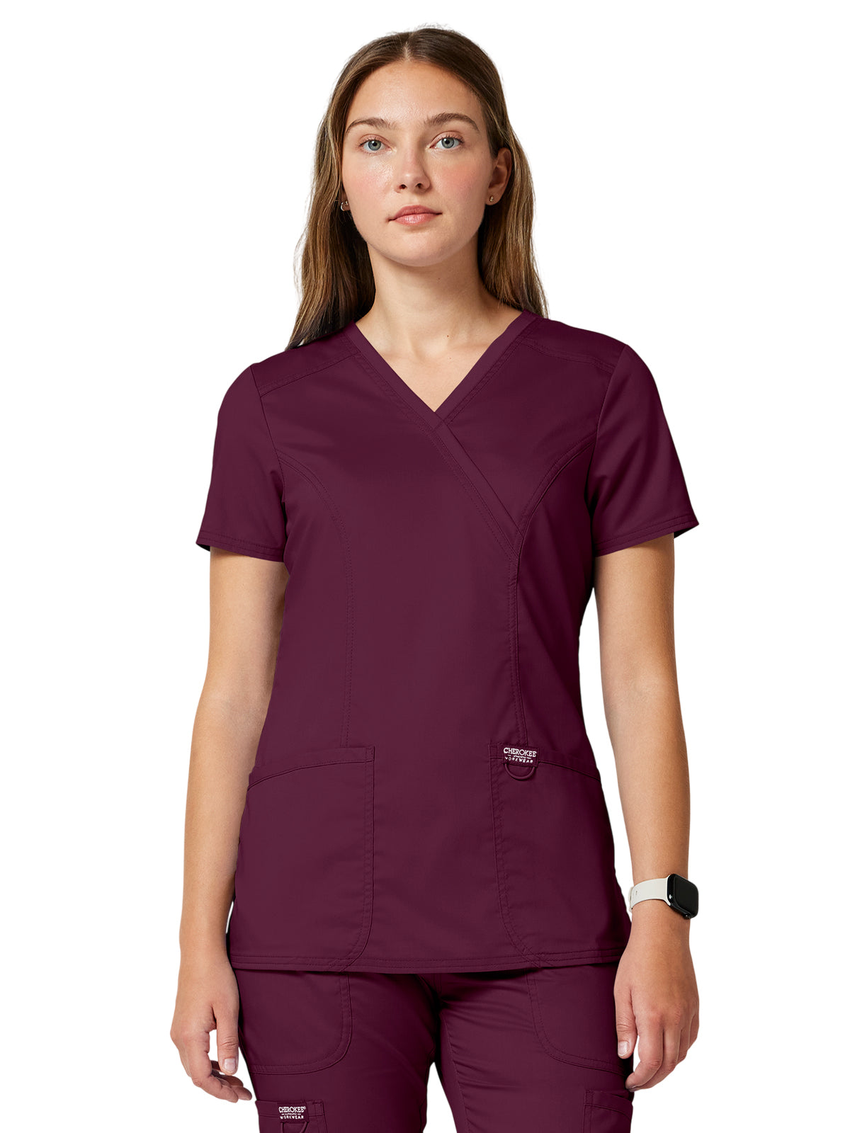 Women's 2-Pocket Mock Wrap Top - WW610 - Wine
