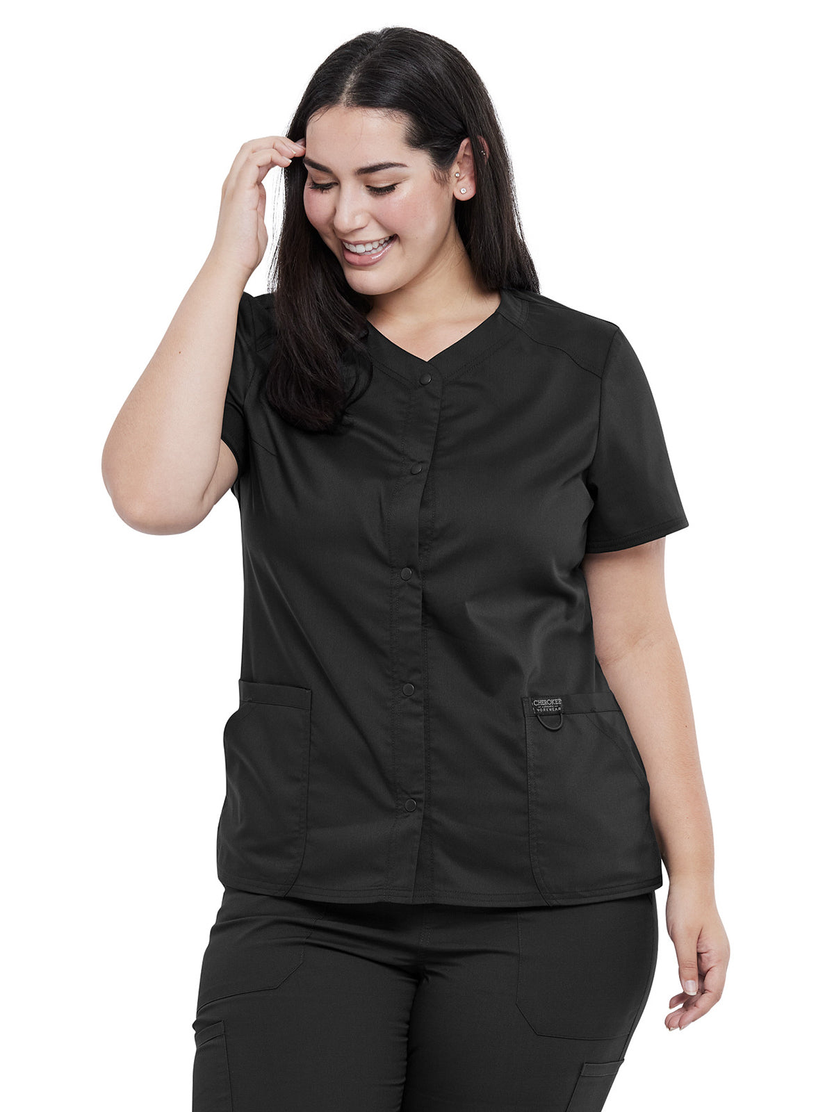 Women's 4-Pocket Snap Front V-Neck Top - WW622 - Black