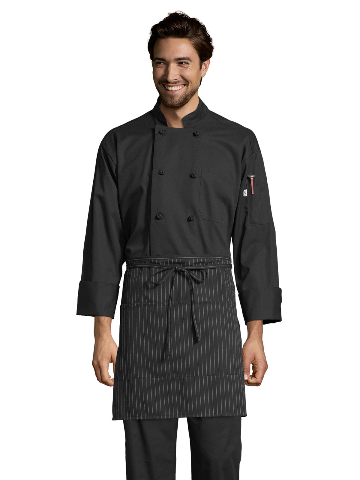 Unisex Two-Section Patch Pocket Apron - 3056 - Black/White Pinstripe