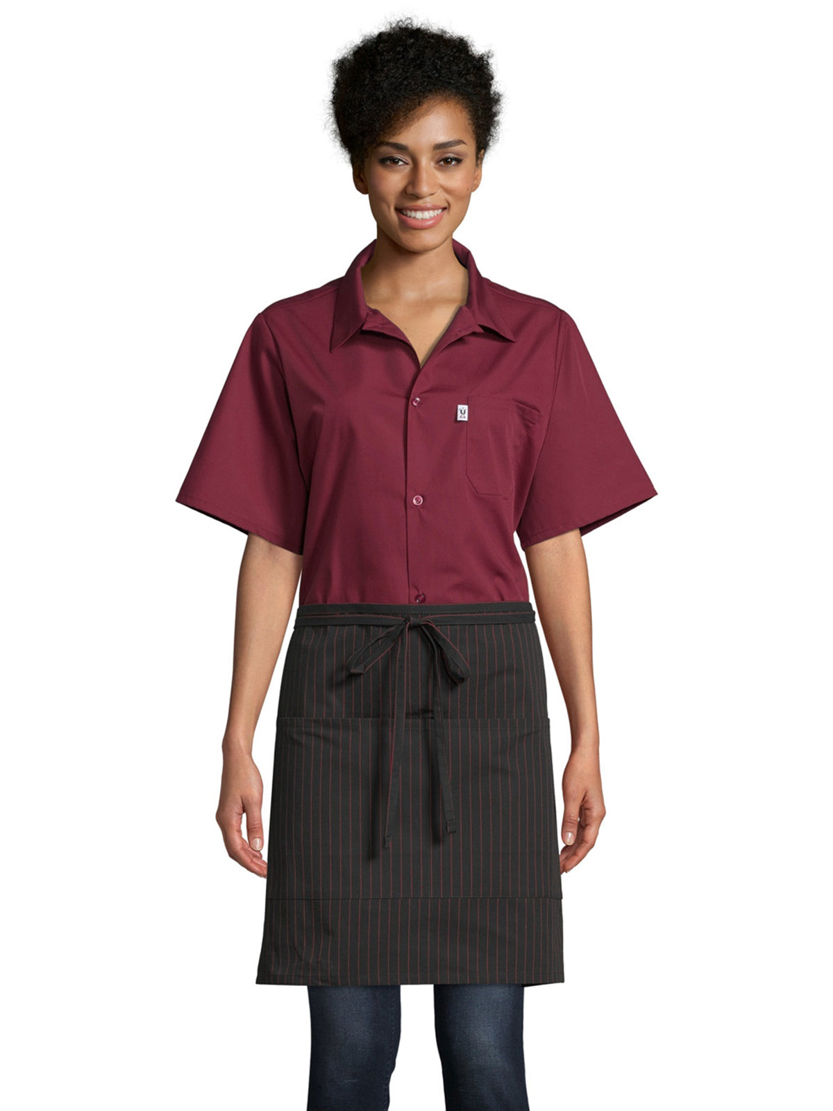 Unisex Two-Section Patch Pocket Apron - 3056 - Black/Red Pinstripe