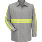 Men's Long Sleeve Wrinkle-Resistant Cotton Work Shirt - SC30 - Grey with Yellow/Green Visibility Trim