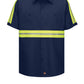 Men's Short Sleeve Wrinkle-Resistant Cotton Work Shirt - SC40 - Navy with Yellow/Green Visibility Trim